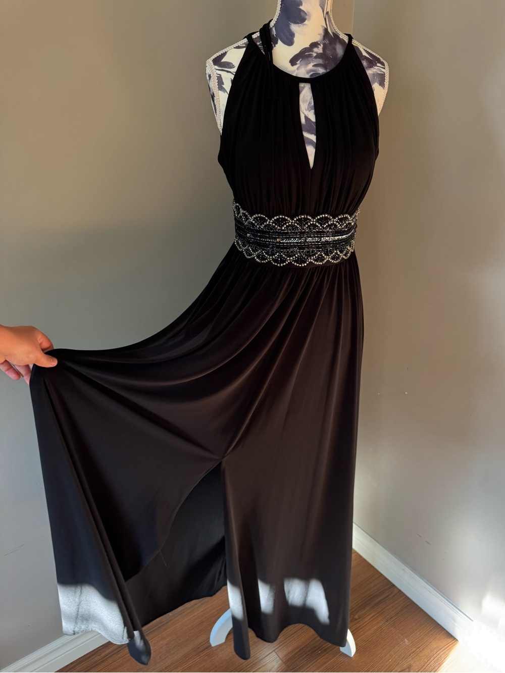 R&M Richards Elegant Black Beaded Halter Keyhole Cutout Maxi Dress